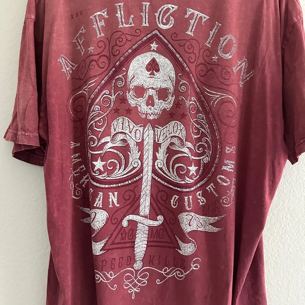 Affliction T-Shirt Mens 2XL Red American Customs Skull Biker‎ Graphic Distressed